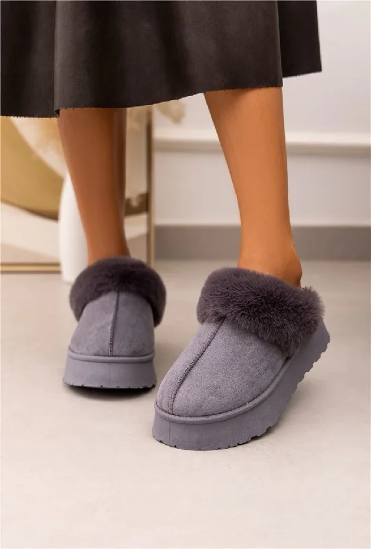 Slippers for soggy floors -ULTRA MINI PLATFORM FLUFFY FURR ANKLE SLIPPERS IN GREY