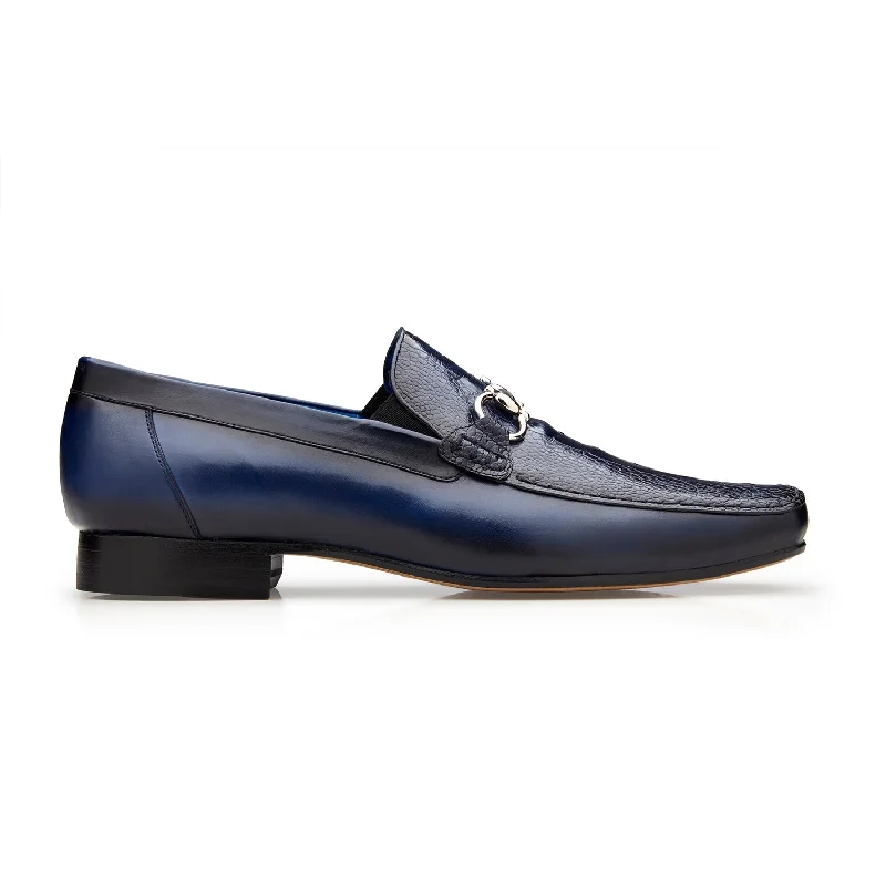 Soft loafers for warm steps-Belvedere Bruno 1026 Men's Shoes Navy Exotic Ostrich / Calf-Skin Leather Horsebit Split-Toe Loafers (BV3074)