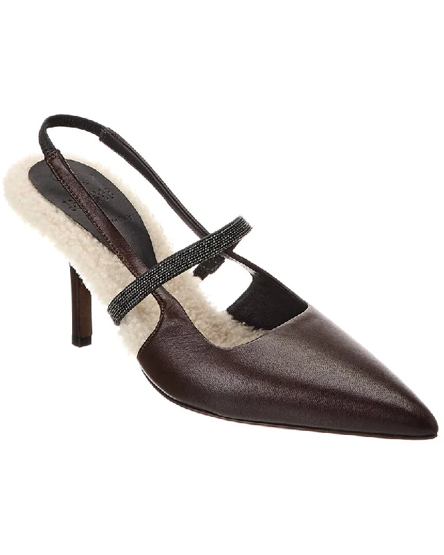 Affordable high heels for value -Brunello Cucinelli Leather & Shearling Slingback Pump