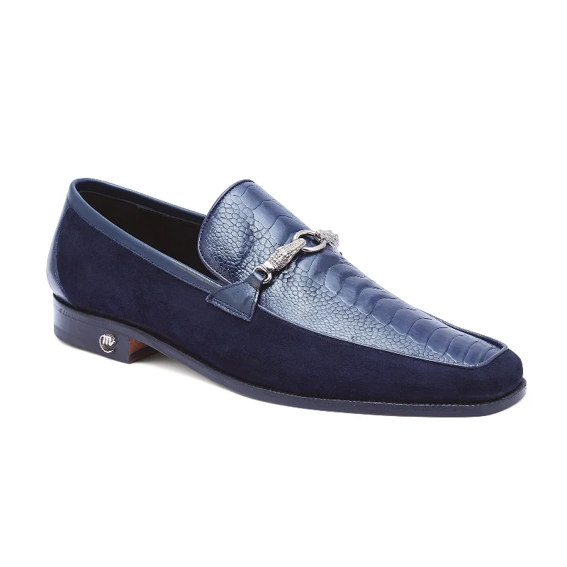 Durable loafers for long strolls-Mauri Priest 4800 Men's Shoes Wonder Blue Ostrich Leg / Suede / Calf-Skin Leather Horsebit Loafers (MA5259)