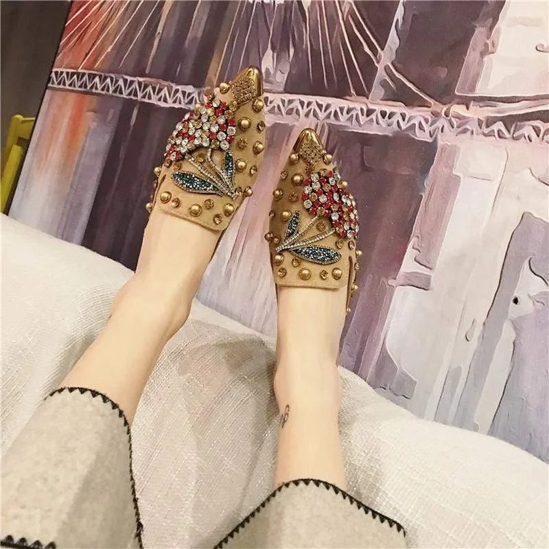 Value slippers with top ratings -Women Pointed Toe Crystal Flower Luxury Half Slippers