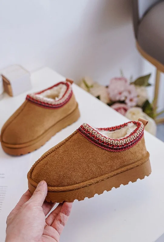 Slippers for damp conditions -KIDS EMBROIDERY DETAIL FAUX FUR LINING SLIPPERS IN CAMEL 19-24 SIZES