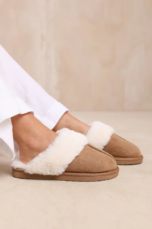 Slippers with water-tight base -LOUNGE SLIP ON SLIPPERS WITH FUR TRIM IN CAMEL SUEDE