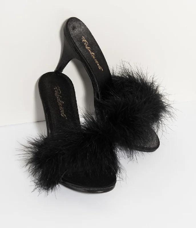 Slippers with shiny threads -Black Satin & Marabou Feather Peep Toe Amour Heel Slipper