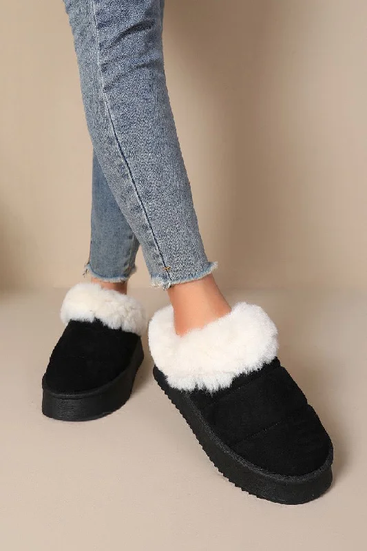 Vintage slippers for legacy feel -BLACK ULTRA MINI PLATFORM FAUX FUR LINED FLUFFY SLIPPERS