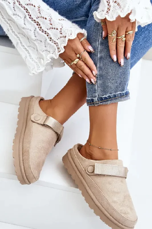 Light slippers for easy steps -BEIGE FAUX SUEDE STRAPPY CLOGS SLIP ON MULES SLIPPERS