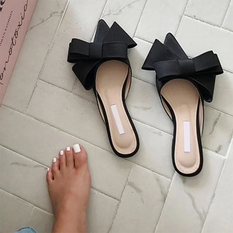 Slippers for hot weather relief -Silk Satin Pointed Bow Tie Flats Slippers