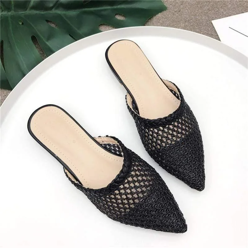 Slippers with stitched patterns -Women Pointed Toe Loe Heel Slide Sandals/ Slippers Cane Woven Beach Shoes Mule Slippers