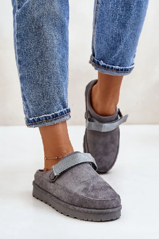 Slippers for indoor games -GREY FAUX SUEDE STRAPPY CLOGS SLIP ON MULES SLIPPERS