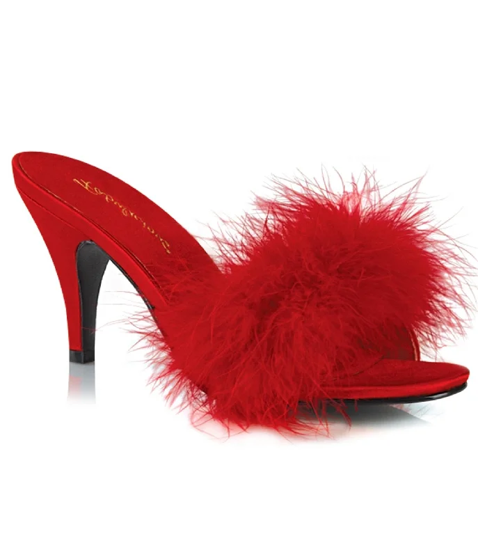 Slippers with plush suede layer -Red Satin & Marabou Feather Peep Toe Amour Heel Slipper