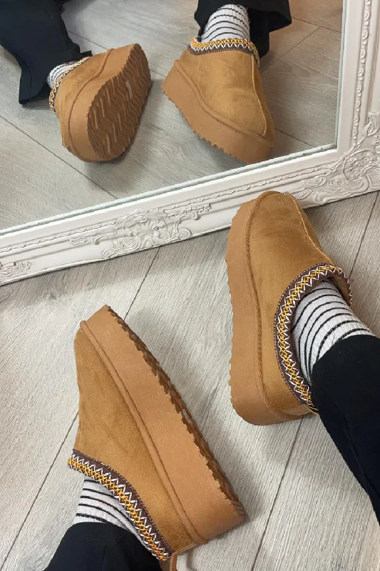 Slippers for dusk calm -CAMEL CHUNKY PLATFORM EMBROIDED FLUFFY SLIPPERS FAUX FUR LINED ANKLE BOOTS BOOTIES