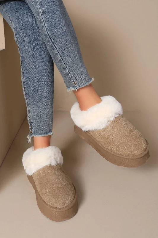 Slippers with bold prints -KHAKI ULTRA MINI PLATFORM FAUX FUR LINED FLUFFY SLIPPERS