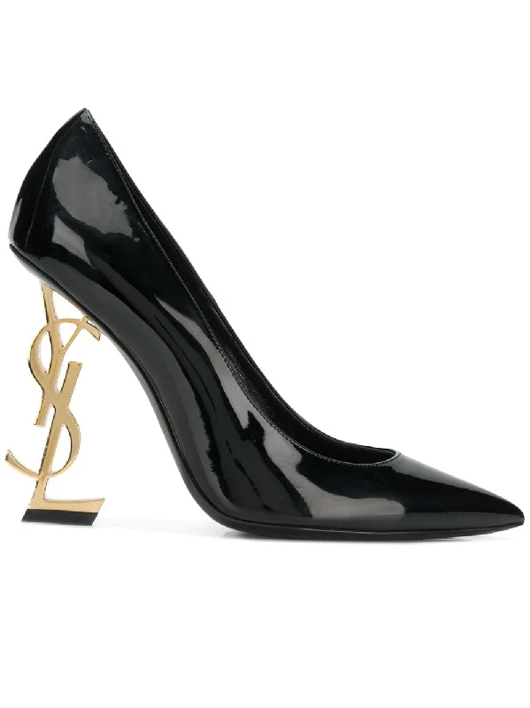 High heels with metallic shine -SAINT LAURENT Patent Leather Pumps with Monogram Heel