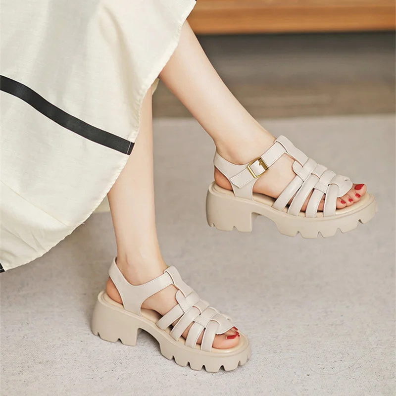 Fashionable sandals for warm night walks-Women Plaited Leather Chunky Lug Sole Summer Sandals