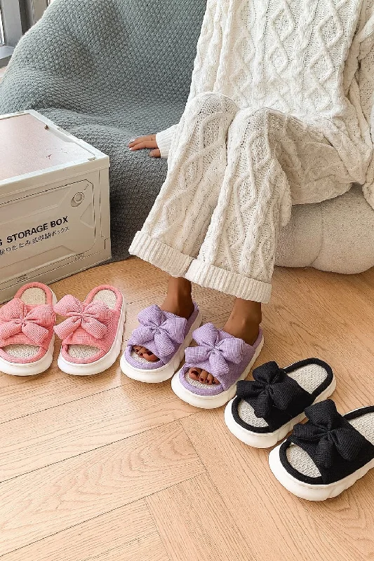 Slippers for home chats -Bow Waffle-Knit Platform Slippers