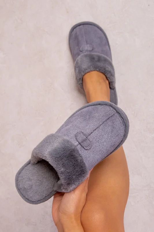 Slippers for rainy naps -FELICITY SLIP ON TEDDY FAUX FUR LINED SLIPPERS IN GREY SUEDE