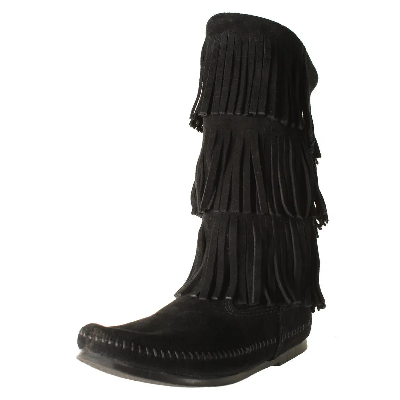 Boots for chilly evening strolls -Minnetonka Womens 3 Layer Suede Fringe Moccasin Boots