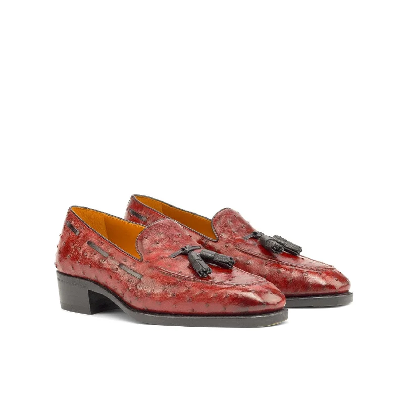 Durable loafers for tough strolls-Ambrogio Bespoke Men's Shoes Red Exotic Ostrich-Skin Tassels Loafers (AMB2252)