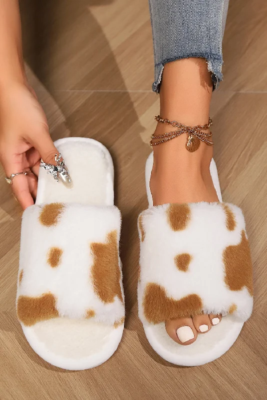 Slippers for home calm -Coffee Fuzzy Cow Spots Open Toe Winter Home Slippers