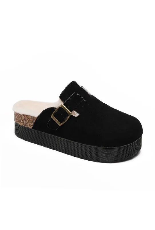 Slippers for home chats -BLACK CHUNKY FLUFFY INSOLE FLATFORM FAUX SUEDE SLIPPERS WITH BUCKLE