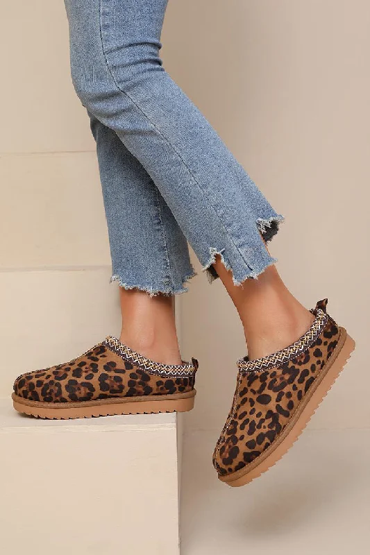 Slippers with slim charm -LEOPARD PRINT FAUX SUEDE EMBROIDERED COZY FLUFFY SLIPPERS BOOTS