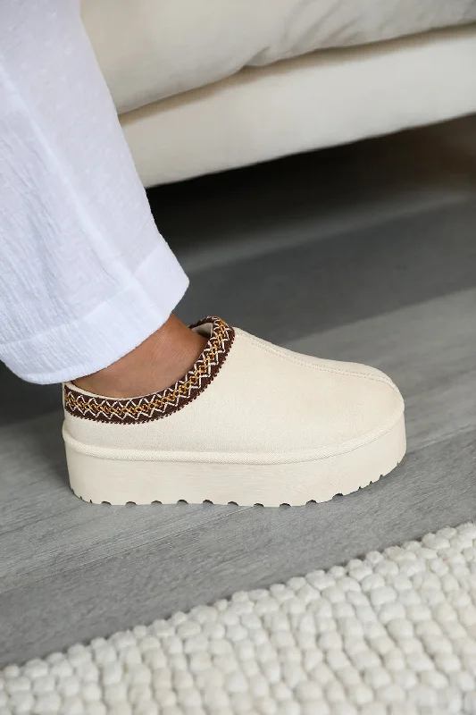 Toasty slippers for winter evenings -ALLEGRA FLATFORM EMBROIDERED LOW ANKLE SLIPPER BOOTS IN CREAM SUEDE