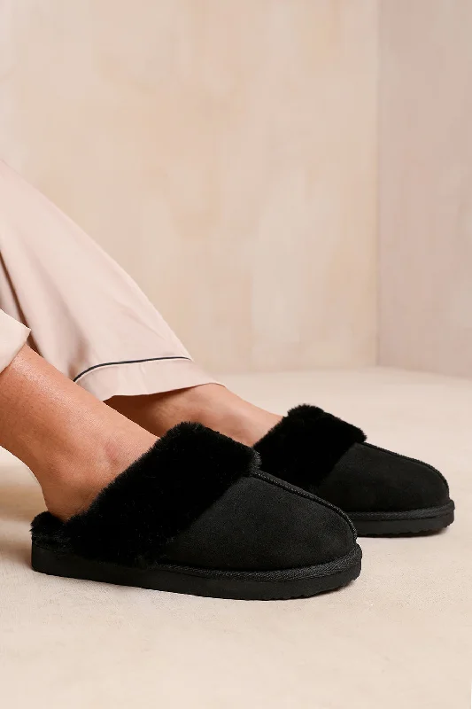 Slippers for indoor fun -LOUNGE SLIP ON SLIPPERS WITH FUR TRIM IN BLACK SUEDE