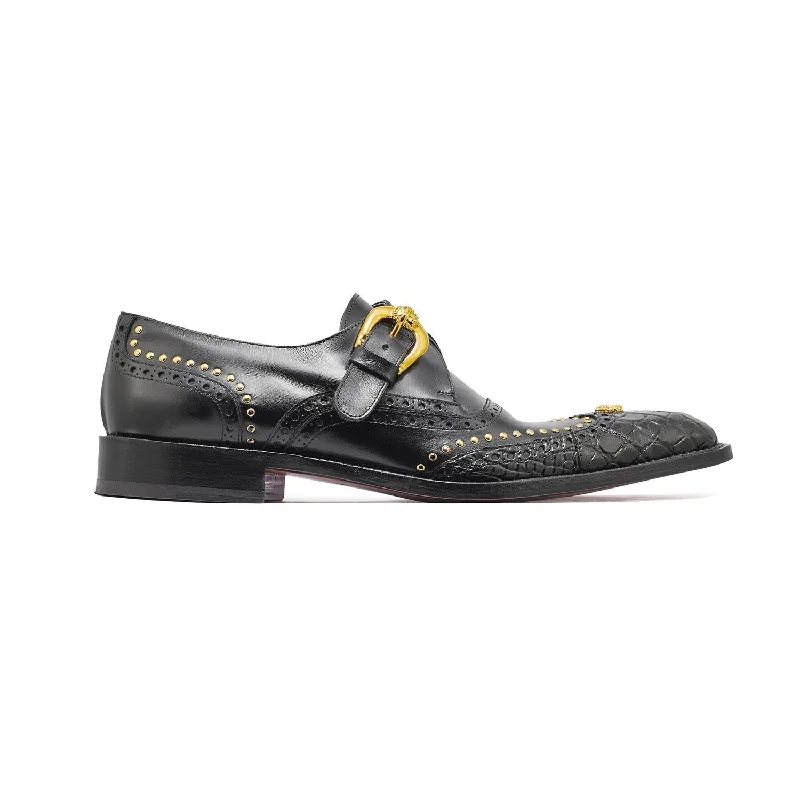 Soft loafers for summer strolls-Mauri Godfather Men's Designer Shoes Black Alligator / Calf-Skin Leather Dress Monk-Straps Loafers 3051 (MA5309)