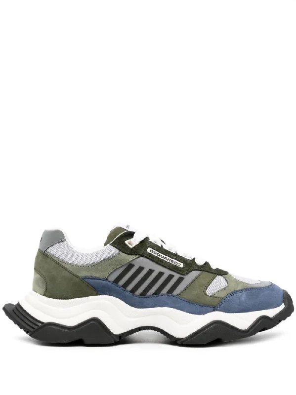 Stylish athletic shoes for night runs-DSQUARED2 Triple Colour Panelled Sneakers in Luxe Shades of Grey, Blue, and Green - Men's Fashion Item FW23