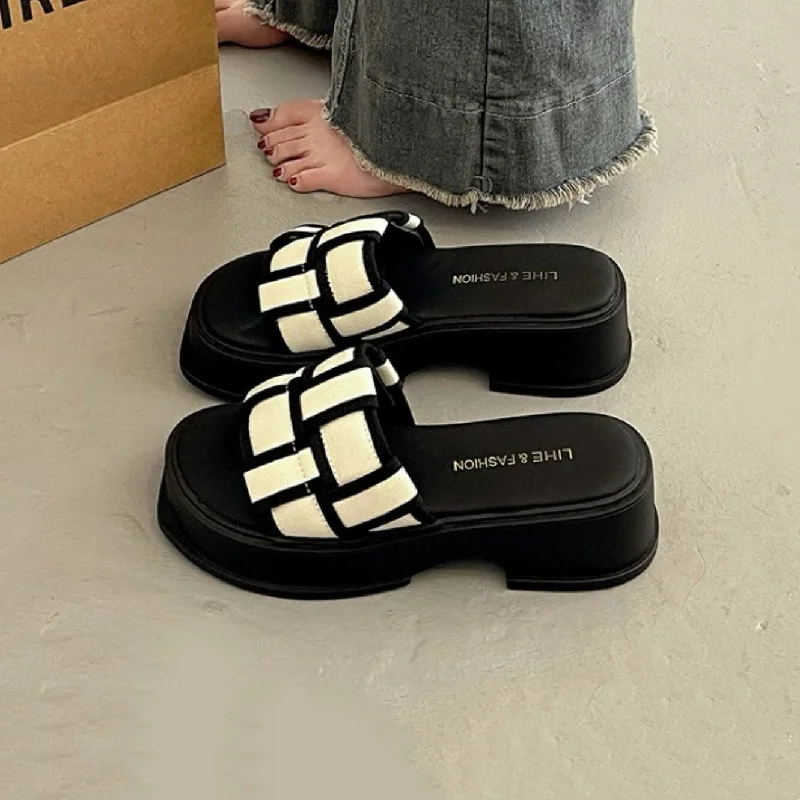 Opulent slippers with gold lining -Women’s Platform Slides, Peep Toe Sandals Wedge, Black White Woven Vacation Shoes, Round Head Sandals, Thick Sole Casual Everyday Slippers