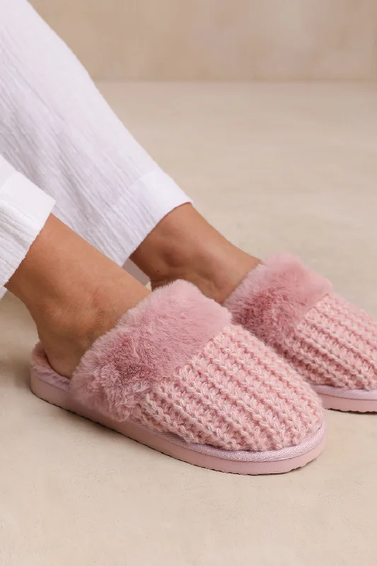 COMFORT SLIP ON KNITTED SLIPPERS WITH FUR TRIM IN LIGHT PINK YARN