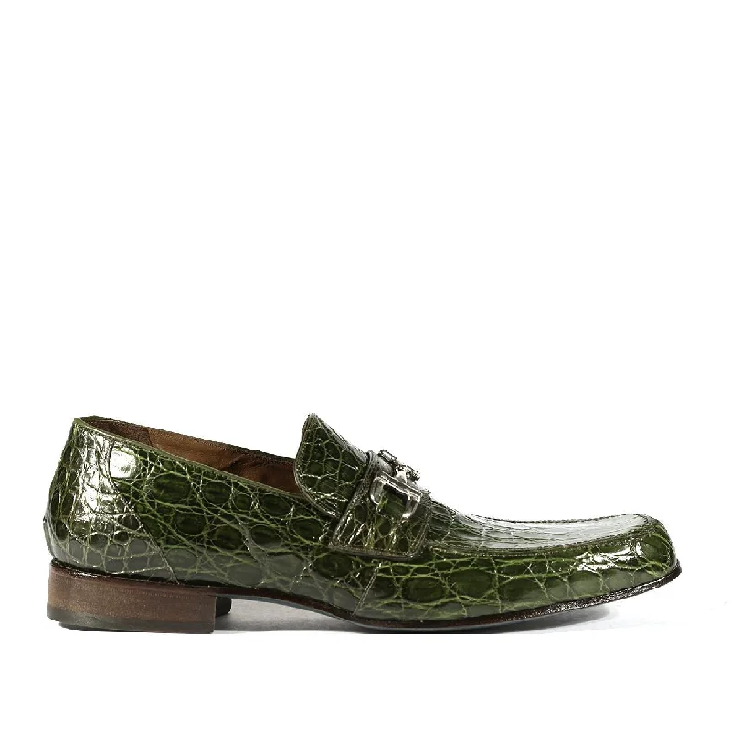 Slip-on loafers for easy trips-Mauri Flanks Men's Designer Shoes Green Exotic Crocodile Horsebit Loafers 4885 (MAOS1028)