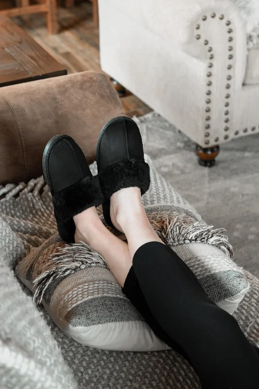 Slippers with solid footing -Black Snooze Fuzzy Slippers