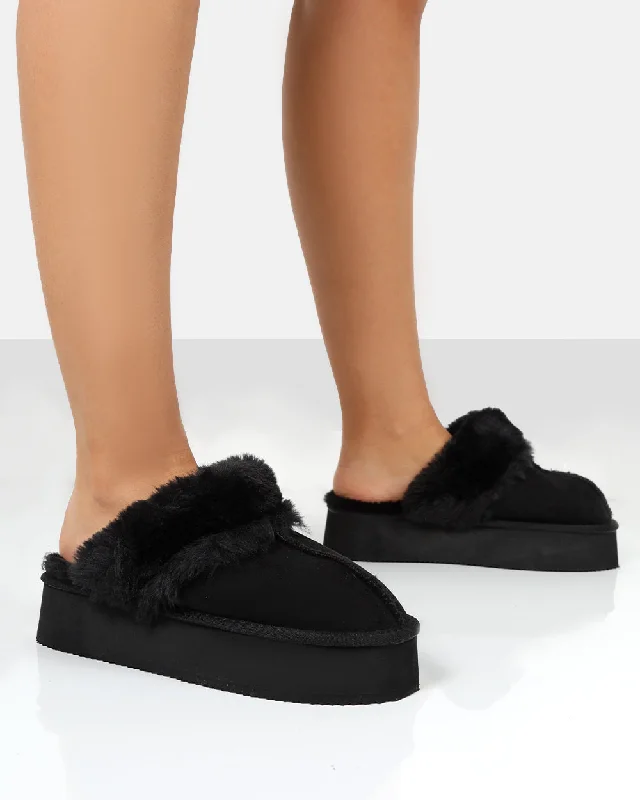 Slippers for indoor quiet time -Cosy Black Faux Suede Platform Slider Slipper