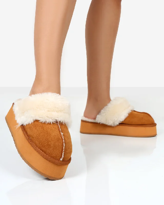 Slippers with padded back -Cosy Chestnut Brown Faux Suede Platform Slider Slippers