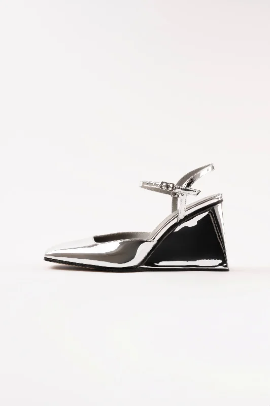 High heels for office chats -HARUKO - Silver Mirror Faux Leather Pumps