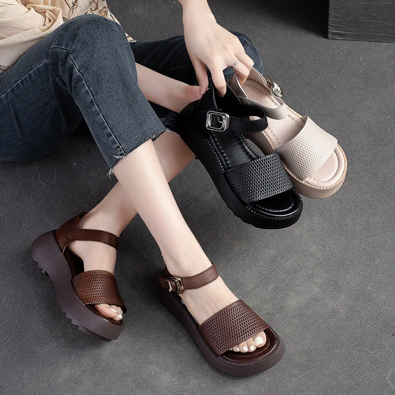 Fashionable sandals for warm shore vibes-Women Retro Solid Leather Summer Platform Sandals