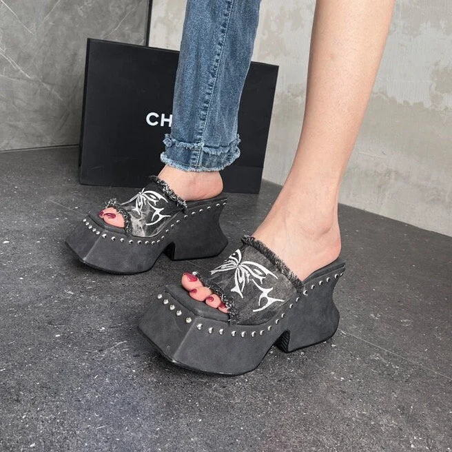 Refined slippers for house parties -Stylish Platform Slides for Women, High Heel Pumps, Black Denim Rivet Heels, Peep Toe Square Head High Heels, Square Toe Platform Slippers