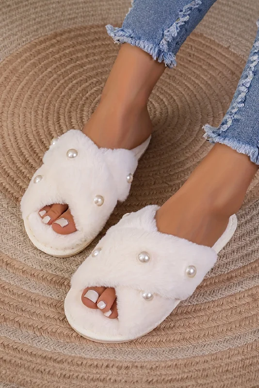 Slippers with airy top -White Pearl Decor Criss Cross Plush Slippers