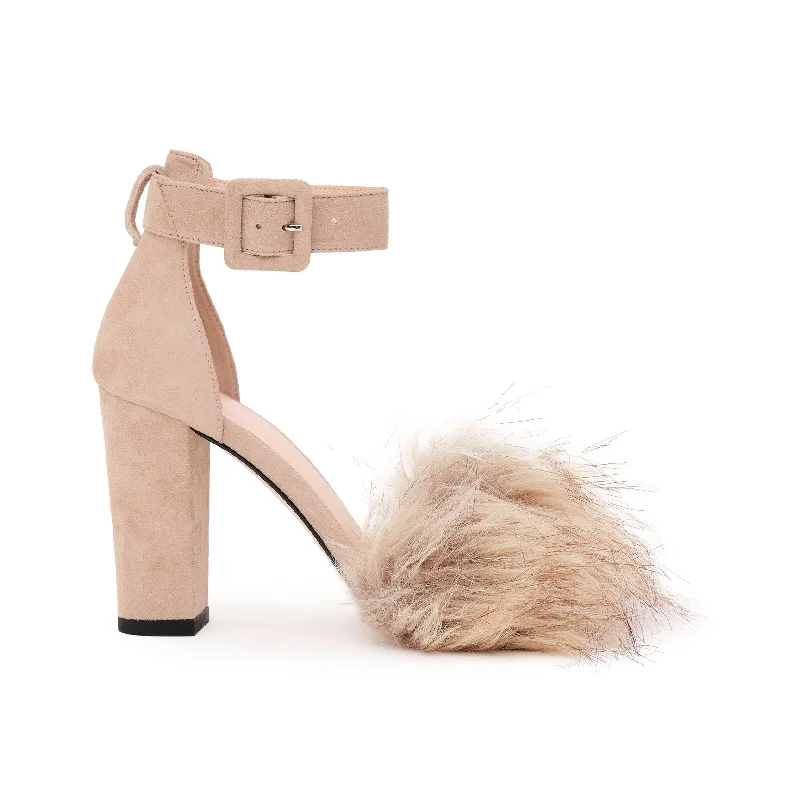 Wide-fit high heels for comfort -Naomi Suede Block Heel Pumps with Faux Fur in Taupe