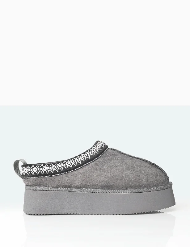 Slippers with checkered print -Vixon Charcoal Grey Faux Suede Embroidered Slipper Platform Boots