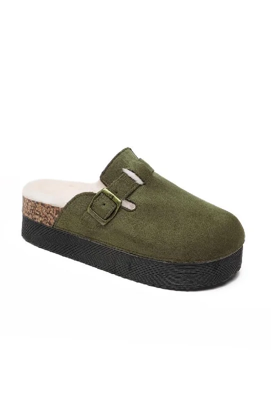 Slippers with firm padding -GREEN CHUNKY FLUFFY INSOLE FLATFORM FAUX SUEDE SLIPPERS WITH BUCKLE