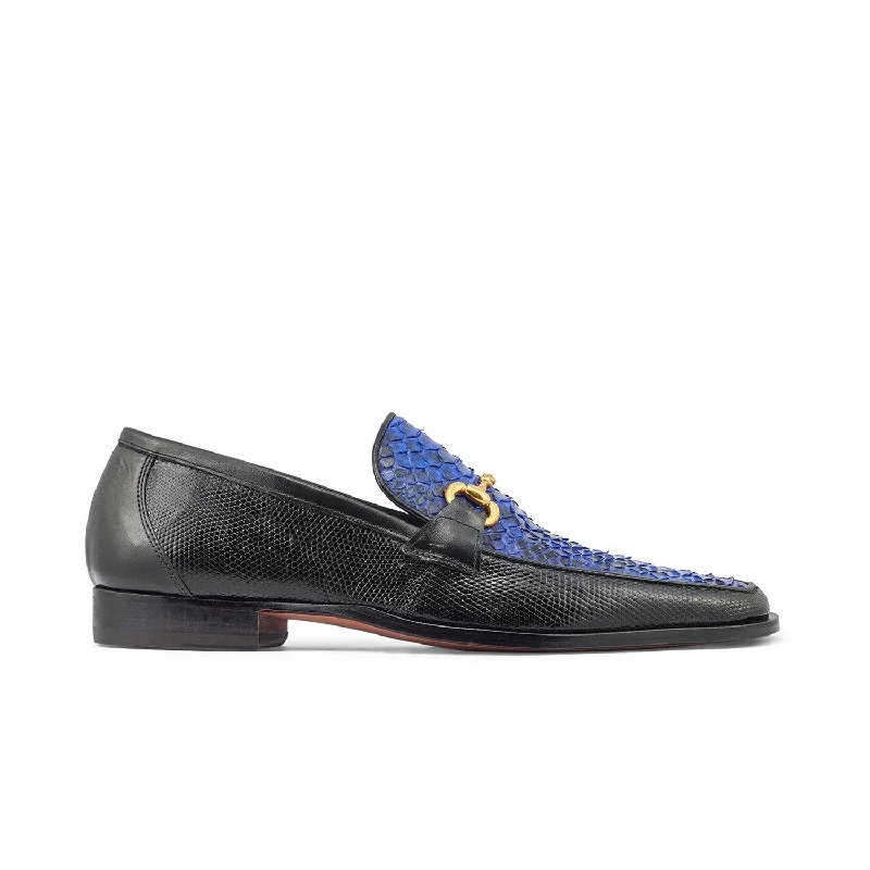 Cushioned loafers for comfy steps-Mauri 4800/2 Priest Men's Shoes Black & Royal Blue Exotic Iguana / Python Horsebit Loafers (MA5370)