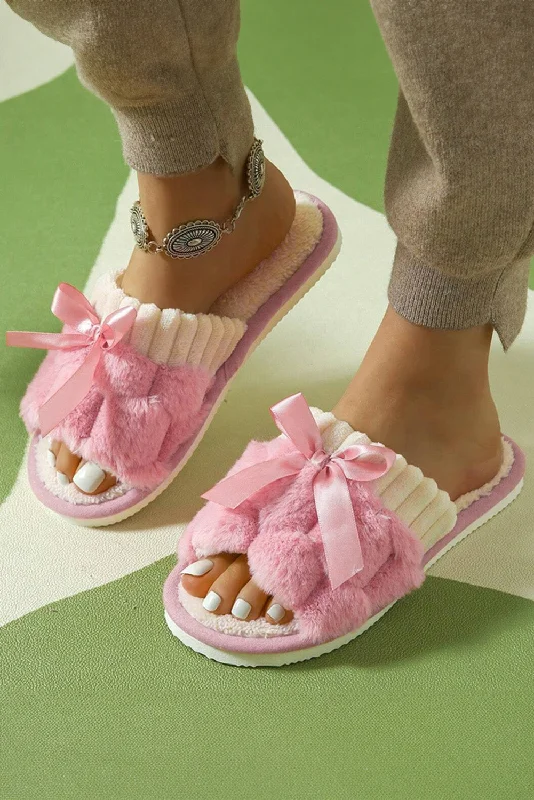 Slippers with dusk rest -Peach Blossom Sweet Bow Fuzzy Open-Toe Slippers