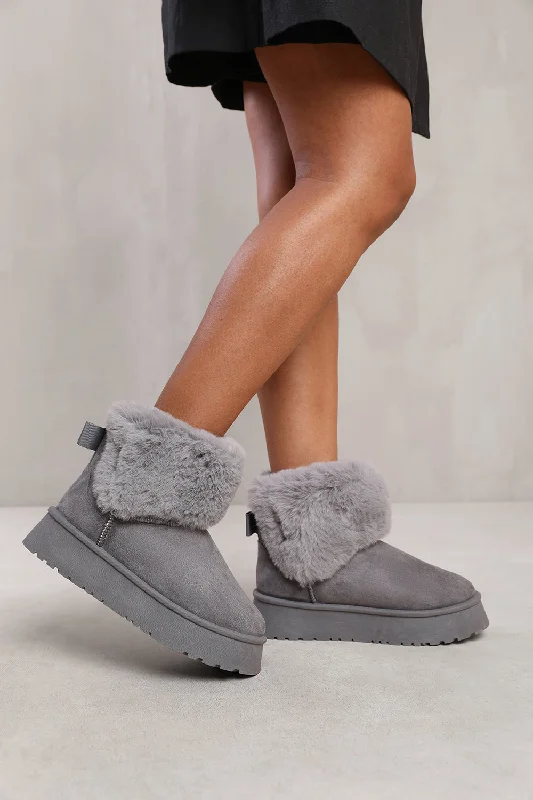 Slippers with water-safe soles -CLARA ANKLE SLIPPER BOOT WITH FAUX FUR LINING AND TRIM IN GREY