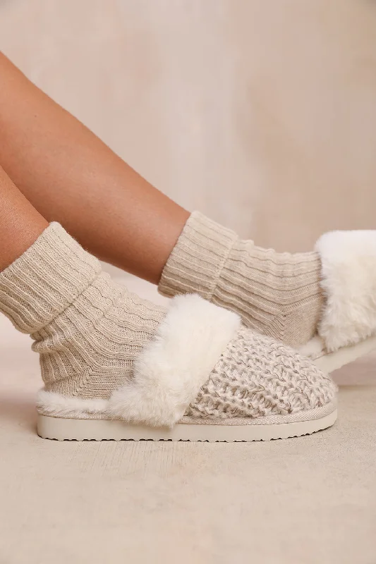 Slippers for home naps -COMFORT SLIP ON KNITTED SLIPPERS WITH FUR TRIM IN WHITE GREY YARN