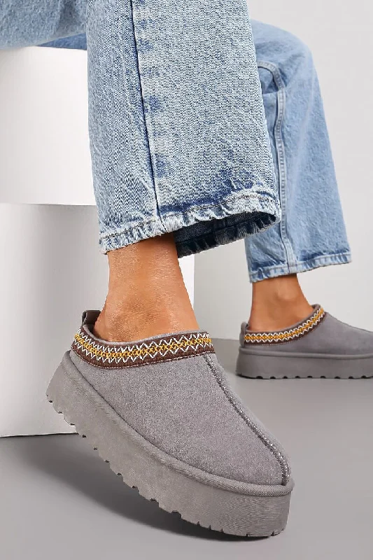 Slippers for evening naps -GREY EMBROIDED FLUFFY PLATFORM SLIPPERS AZTEC DETAIL FAUX FUR LINED ANKLE BOOTS