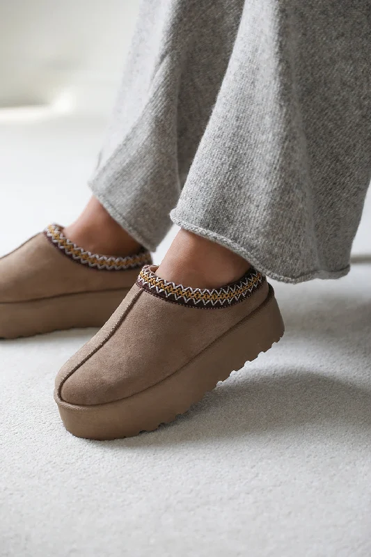 Cheap slippers for thrifty rest -ALLEGRA FLATFORM EMBROIDERED LOW ANKLE SLIPPER BOOTS IN CAMEL SUEDE