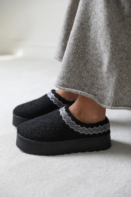 Rich slippers for big naps -CHERRY FLATFORM AZTEC DETAIL LOW ANKLE SLIPPER BOOTS IN BLACK SHEARLING