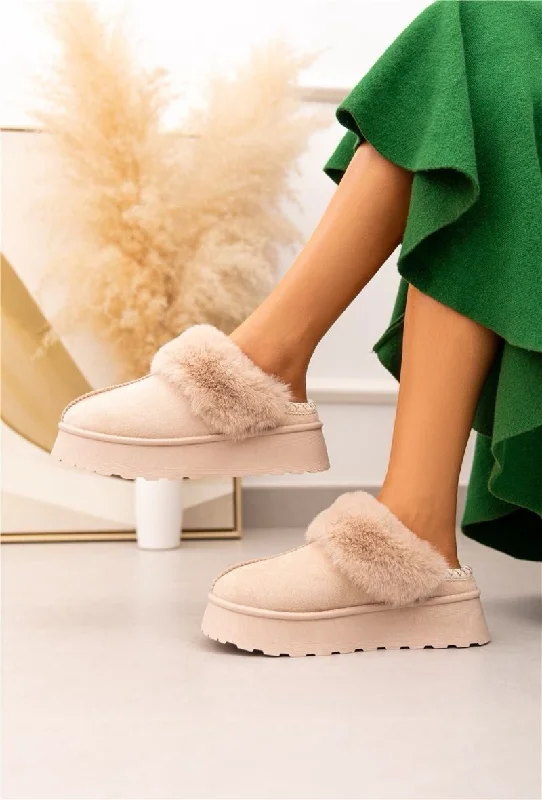 Slippers with warm cushion -ULTRA MINI PLATFORM FLUFFY FURR ANKLE SLIPPERS IN BEIGE